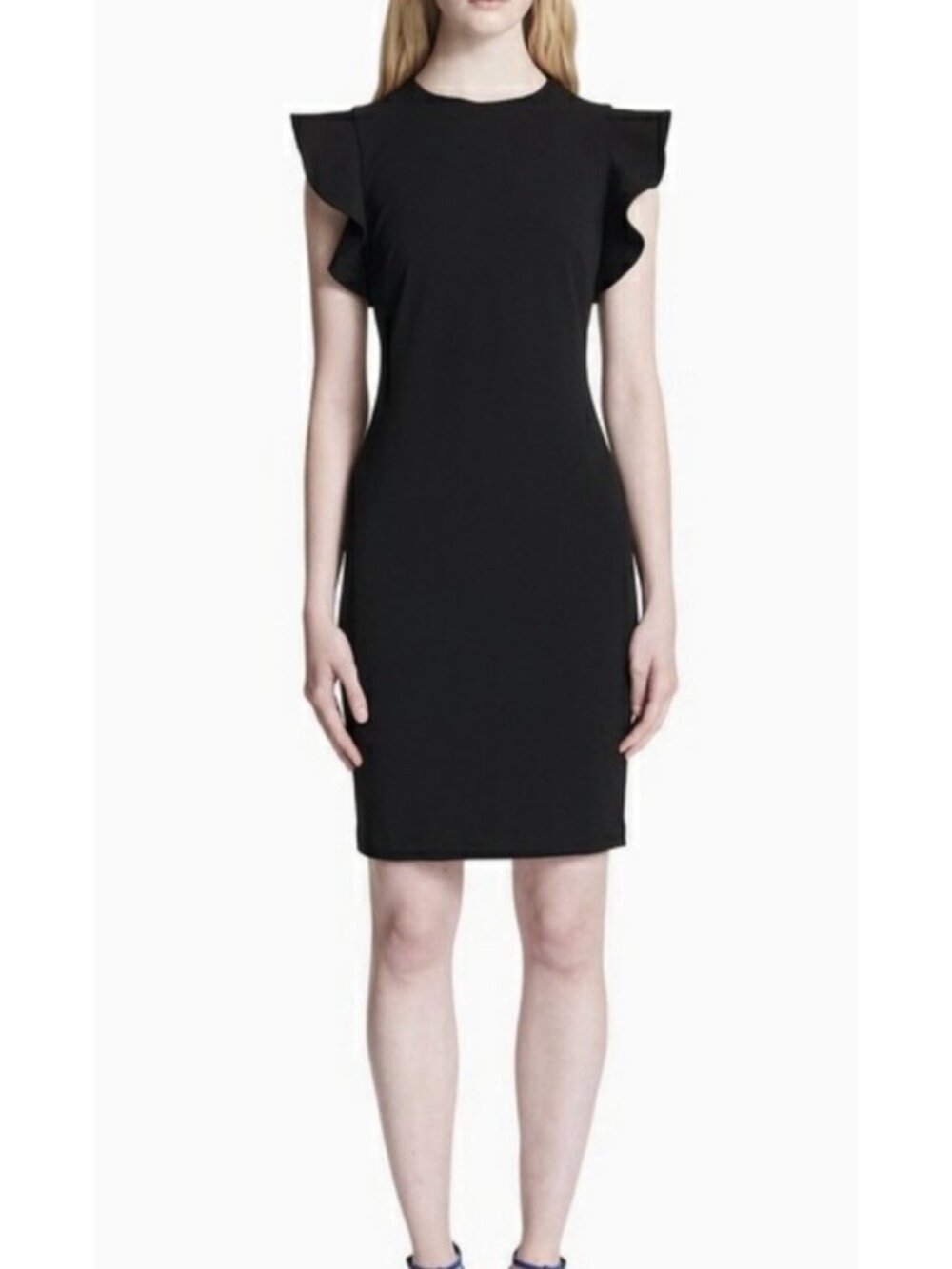 Calvin Klein Black Ruffle Flutter Sleeve Shift Sheath Dress Career 14 Large